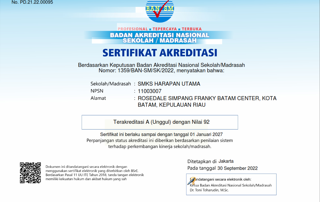 Akreditasi A (Unggul) SMKS Harapan Utama